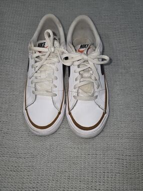 Girls Nike Court White Sneakers with Gold Accents-4Y